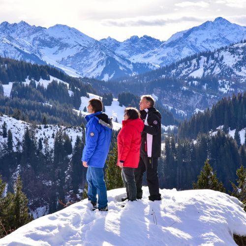 2 manner und eine frau mit warmen parkas bewundern die schneelandschaft